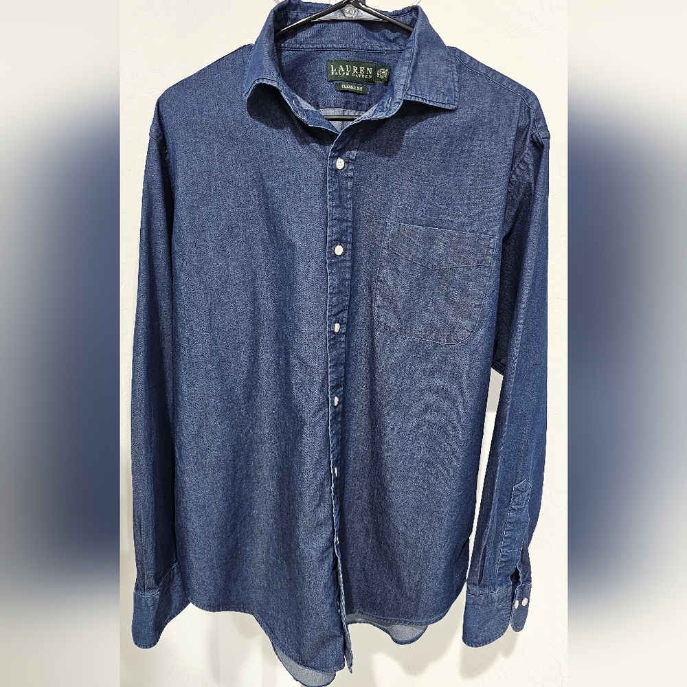 Ralph Lauren Blue Casual Button Down Shirt Size 16.5 Neck 34/35